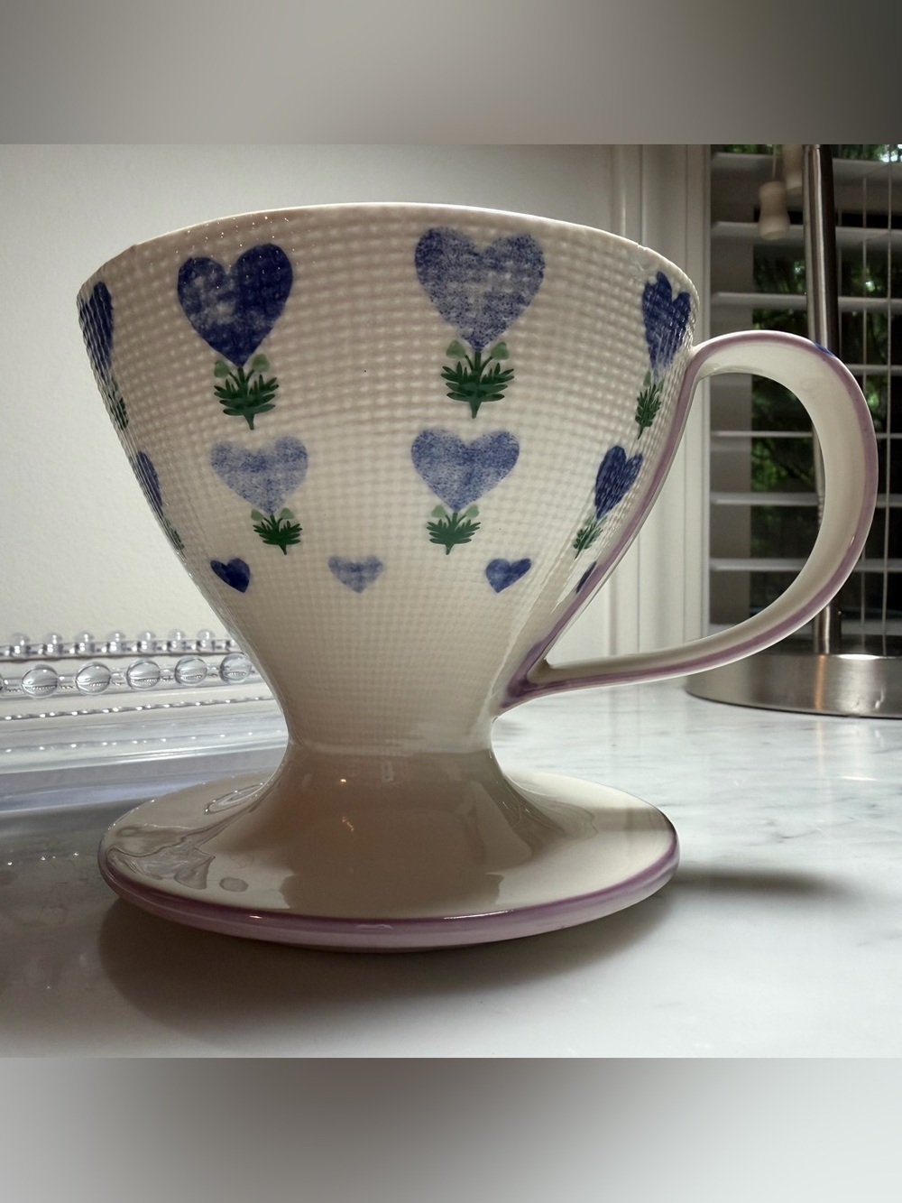 Anthropologie Ceramic Coffee Dripper with Blue Heart Accent-Coffee Pour Over